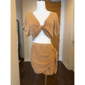 L*Space Knit Twist Front Crop Top Ruched Skirt Set Camel M